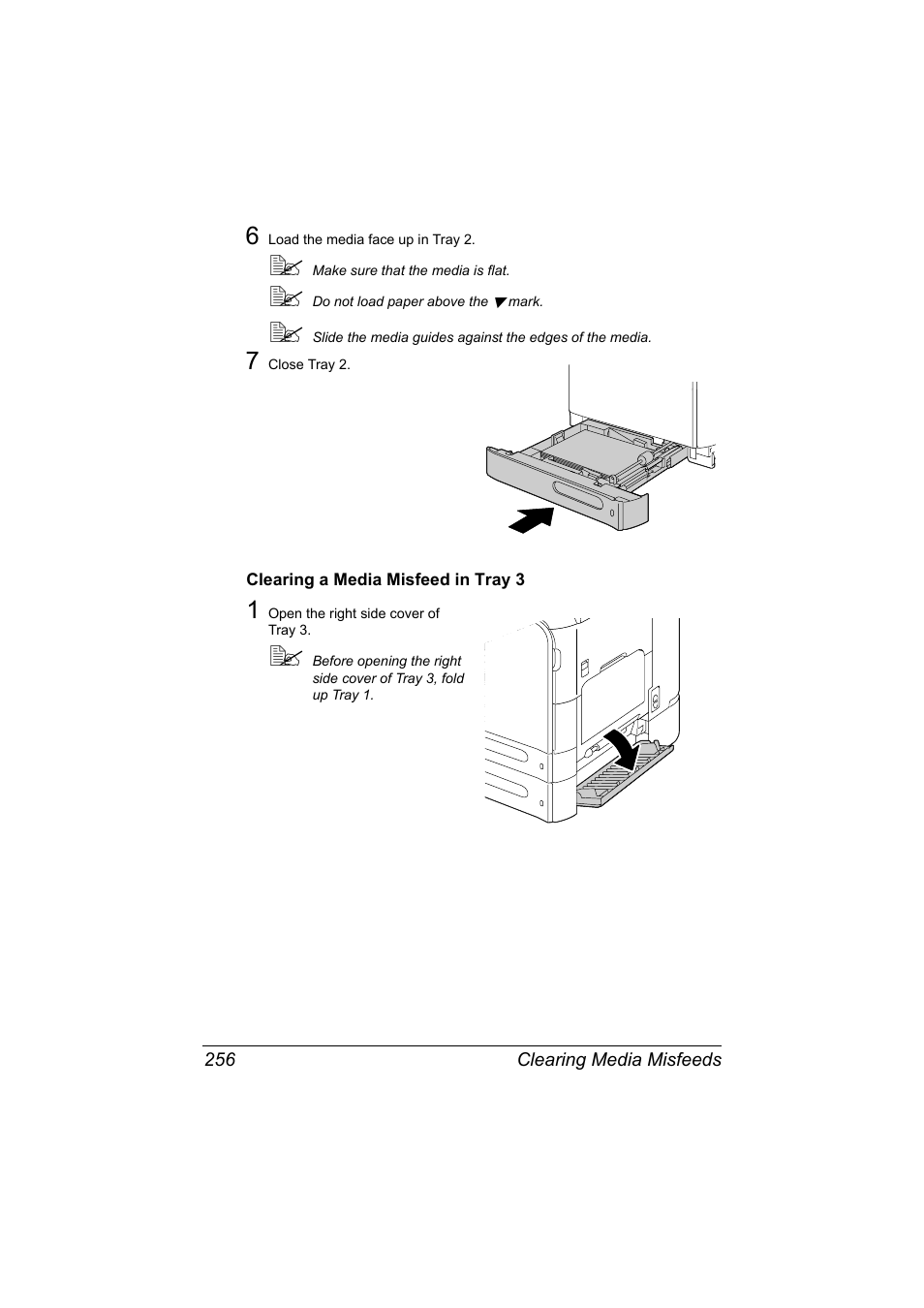 Clearing a media misfeed in tray 3, Clearing a media misfeed in tray 3 256 | Konica Minolta bizhub C20X User Manual | Page 270 / 346