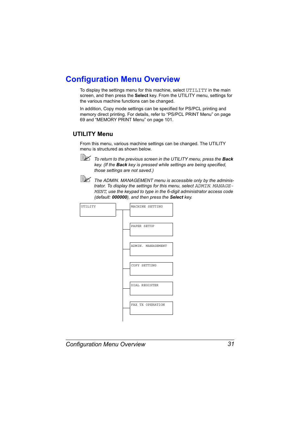 Configuration menu overview, Utility menu, Configuration menu overview 31 | Utility menu 31 | Konica Minolta bizhub C20X User Manual | Page 45 / 346
