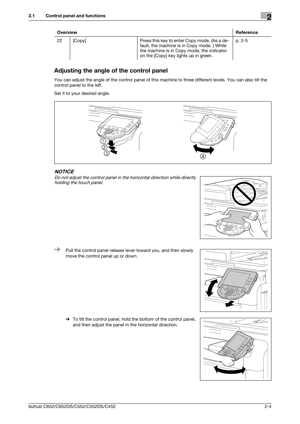 Adjusting the angle of the control panel, Adjusting the angle of the control panel -4 | Konica Minolta BIZHUB C652DS User Manual | Page 12 / 64