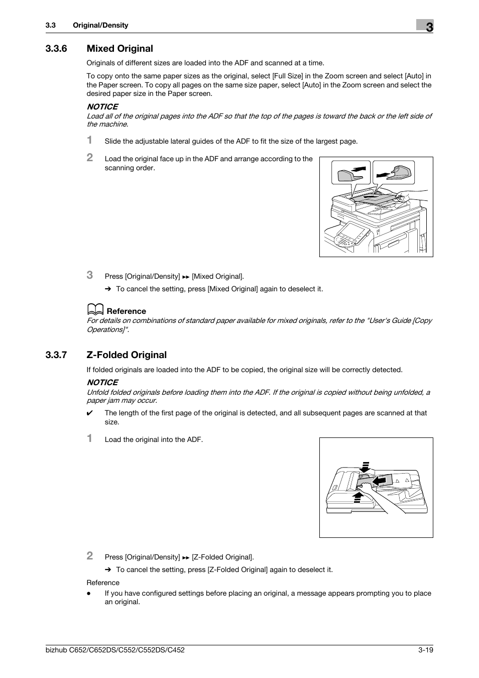 6 mixed original, 7 z-folded original, Mixed original -19 | Z-folded original -19, P. 3-19 | Konica Minolta BIZHUB C652DS User Manual | Page 40 / 64