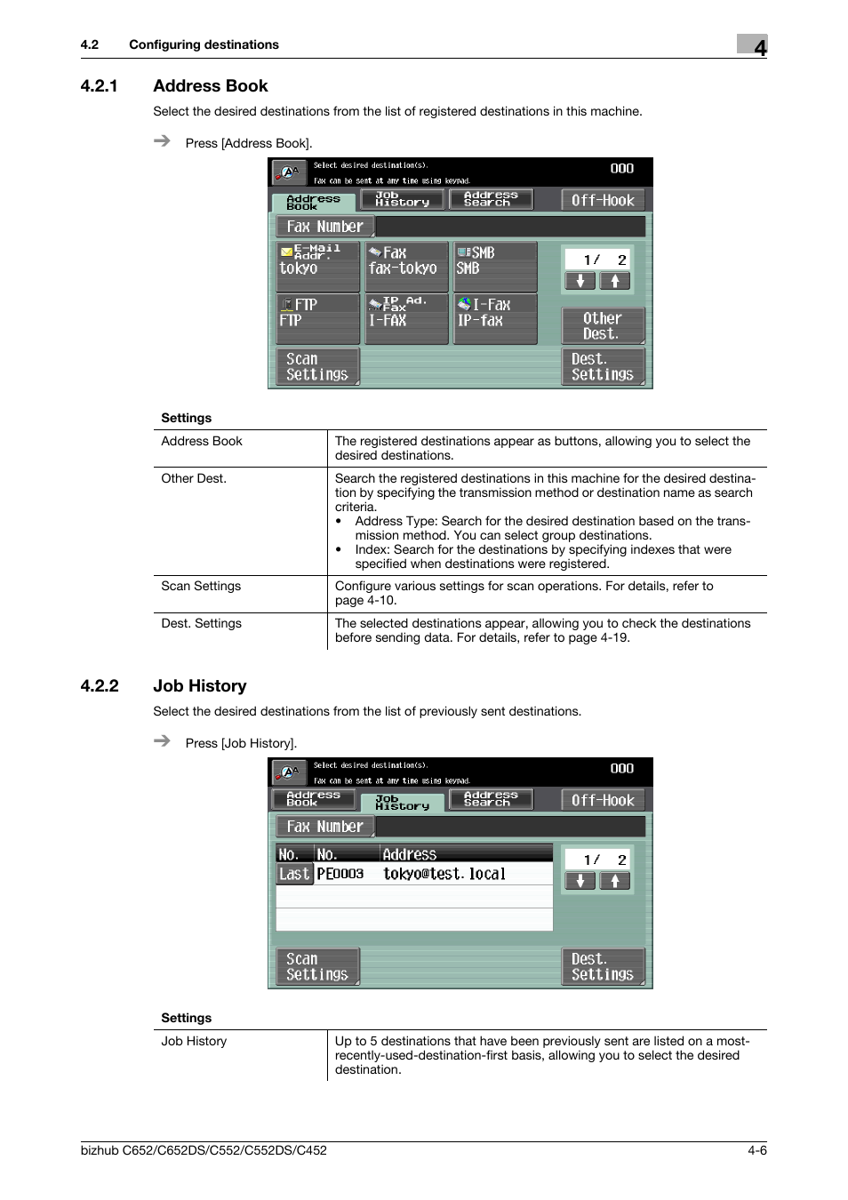 1 address book, 2 job history, Address book -6 | Job history -6, P. 4-6 | Konica Minolta BIZHUB C652DS User Manual | Page 46 / 64