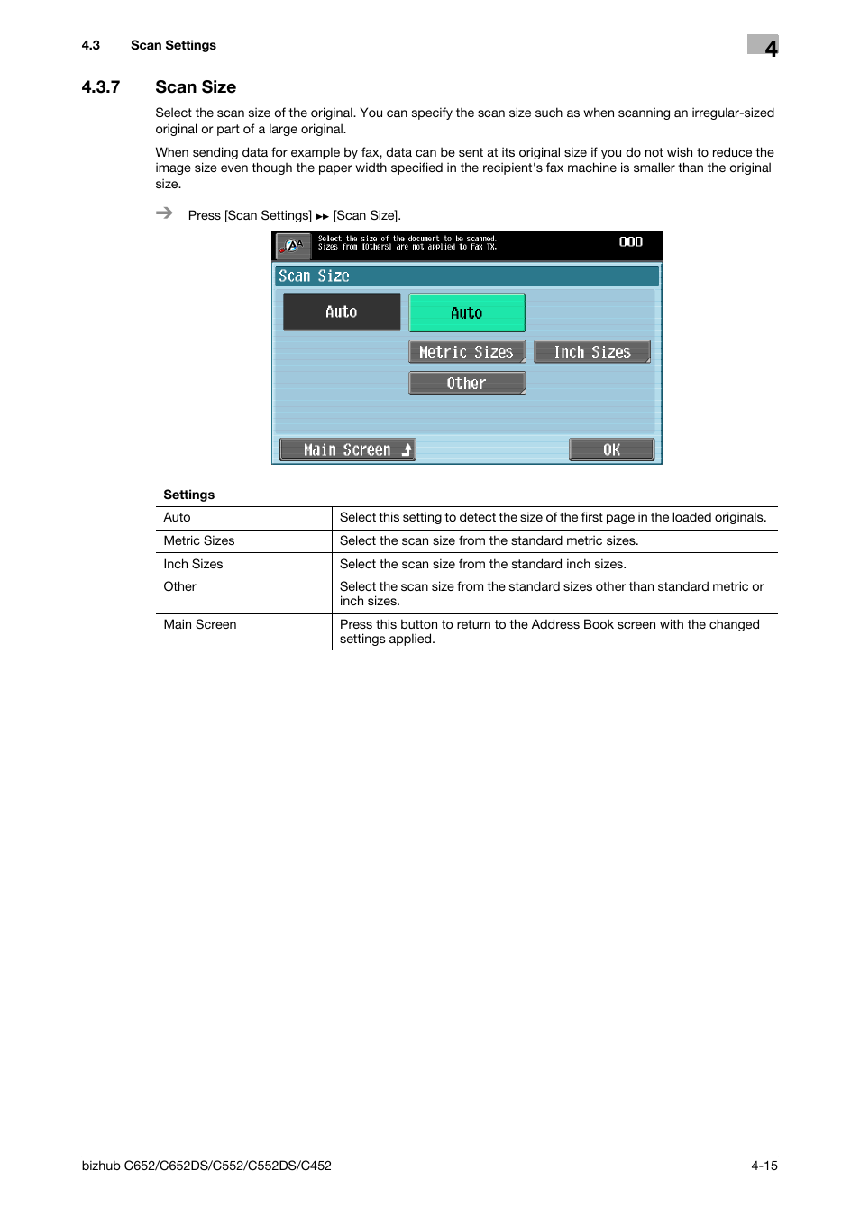 7 scan size, Scan size -15, P. 4-15 | Konica Minolta BIZHUB C652DS User Manual | Page 55 / 64