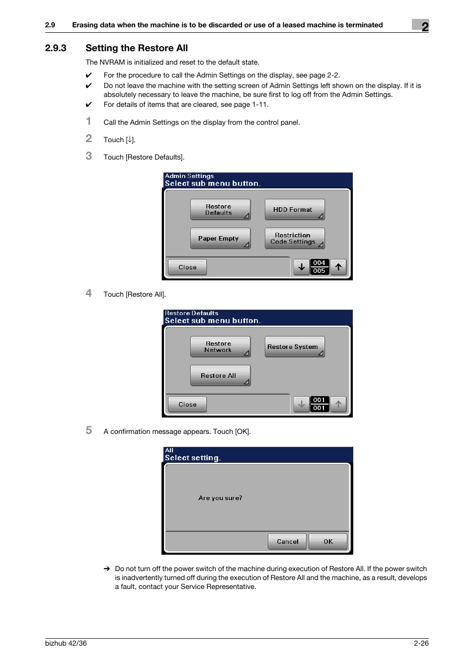 3 setting the restore all, Setting the restore all -26 | Konica Minolta bizhub 42 User Manual | Page 41 / 94