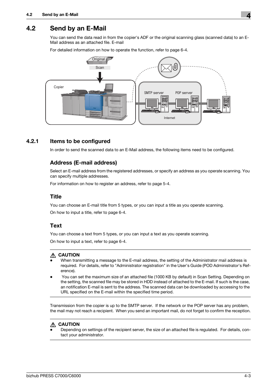 2 send by an e-mail, 1 items to be configured, Address (e-mail address) | Title, Text, Send by an e-mail -3, Items to be configured -3, Send by an e-mail (p. 4-3) | Konica Minolta IC-413 User Manual | Page 27 / 106