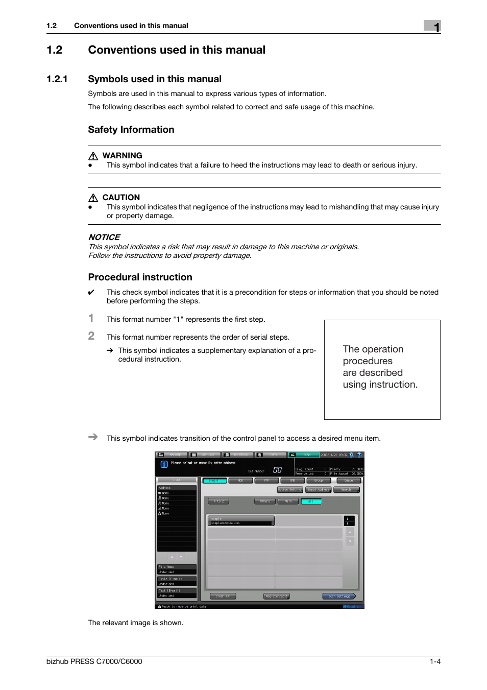 2 conventions used in this manual, 1 symbols used in this manual, Safety information | Procedural instruction, Conventions used in this manual -4, Symbols used in this manual -4 | Konica Minolta IC-413 User Manual | Page 7 / 106