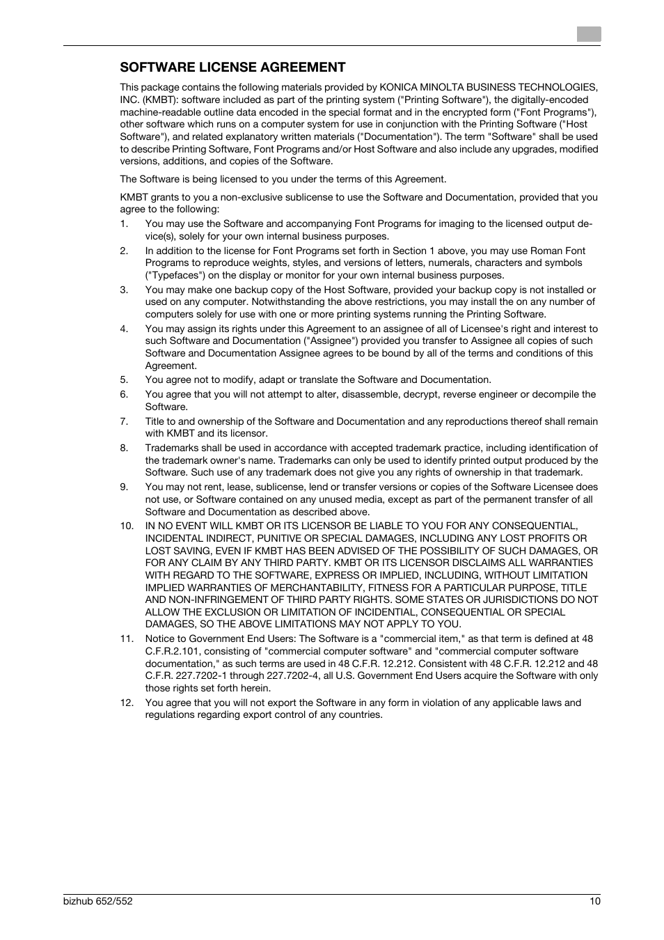 Software license agreement | Konica Minolta bizhub 552 User Manual | Page 11 / 13