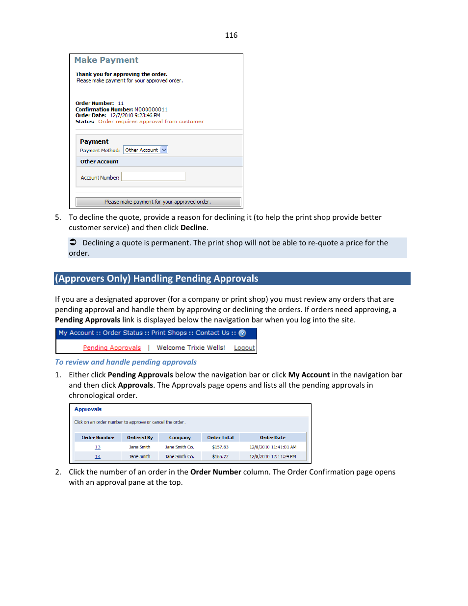 Approvers only) handling pending approvals | Konica Minolta Digital StoreFront User Manual | Page 116 / 127