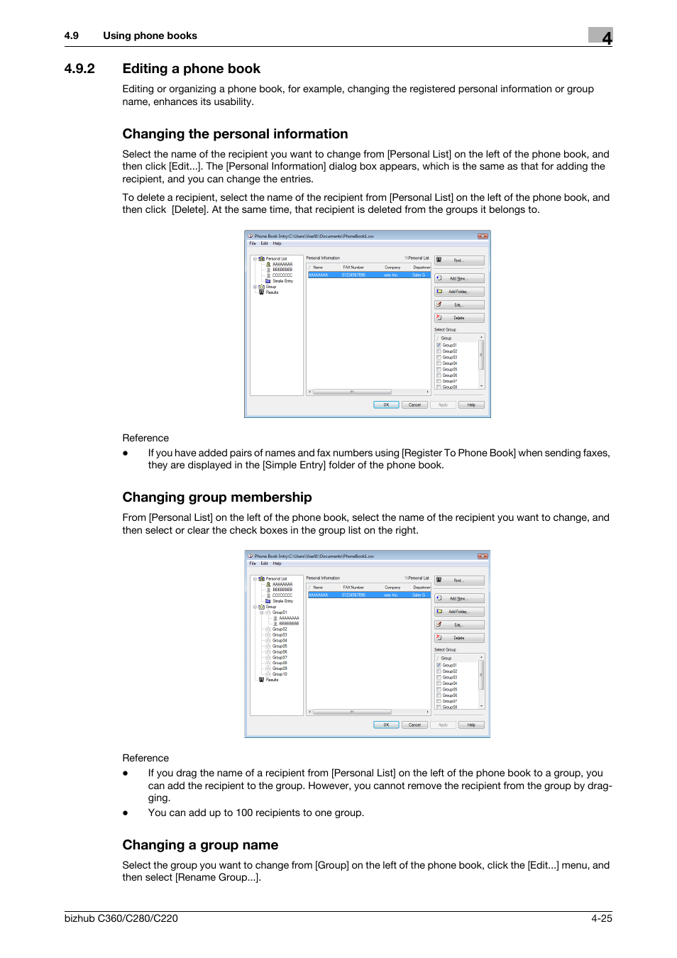2 editing a phone book, Changing the personal information, Changing group membership | Changing a group name | Konica Minolta BIZHUB C360 User Manual | Page 56 / 72