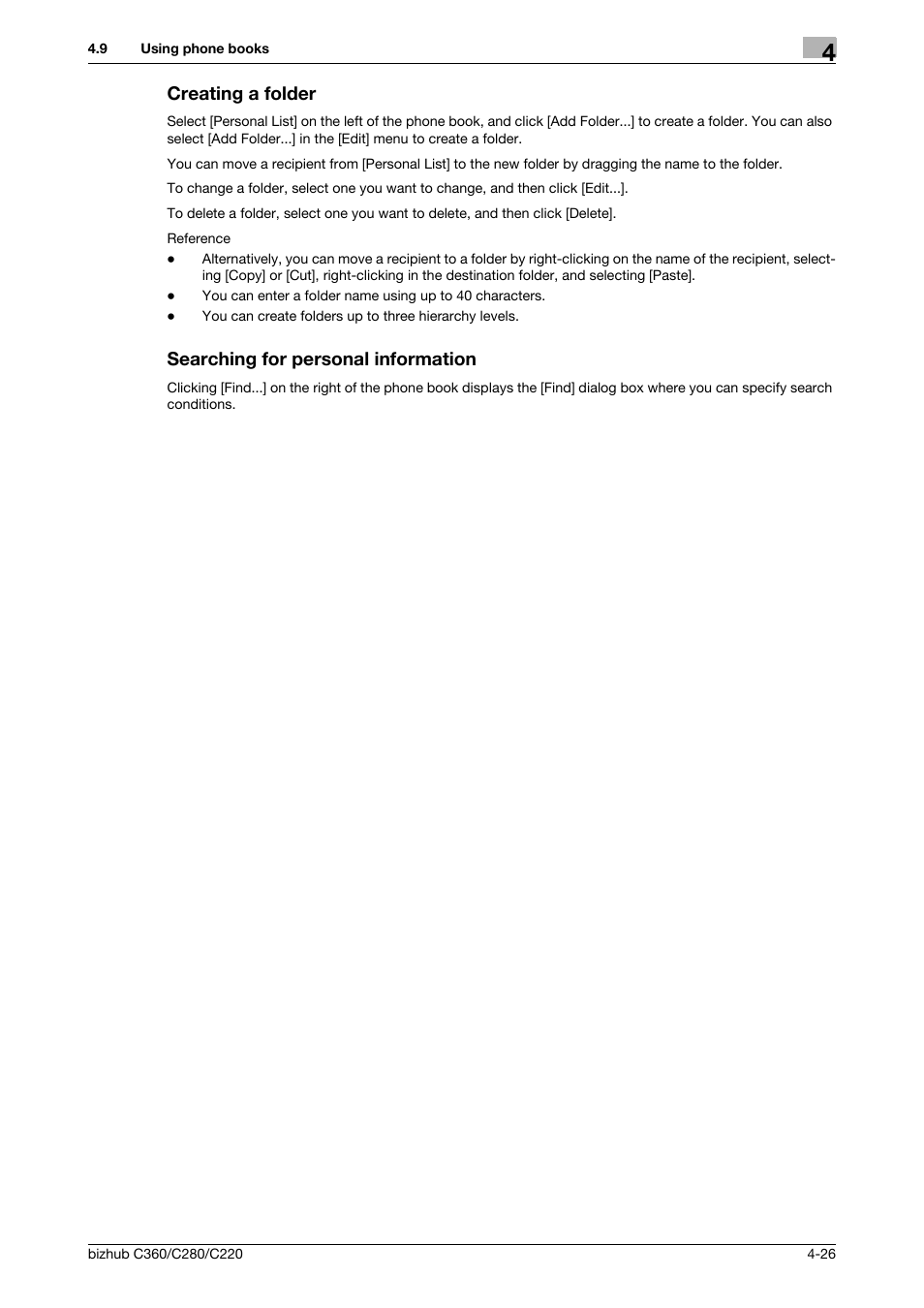 Creating a folder, Searching for personal information | Konica Minolta BIZHUB C360 User Manual | Page 57 / 72