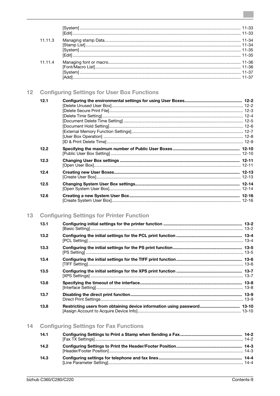 12 configuring settings for user box functions, 13 configuring settings for printer function, 14 configuring settings for fax functions | Konica Minolta BIZHUB C360 User Manual | Page 10 / 366