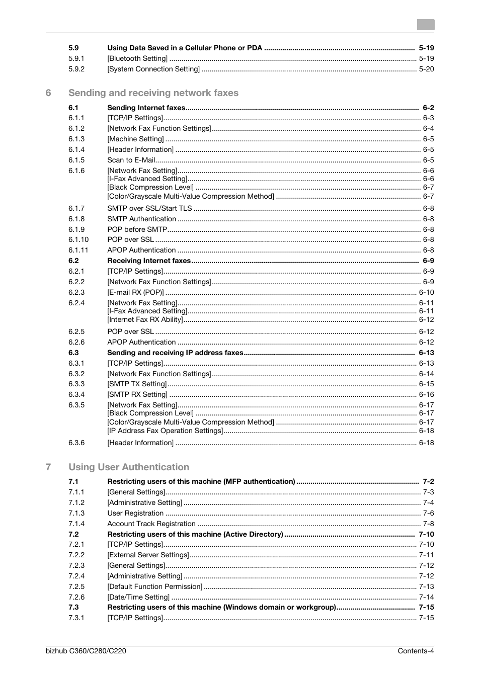 6sending and receiving network faxes, 7using user authentication | Konica Minolta BIZHUB C360 User Manual | Page 5 / 366