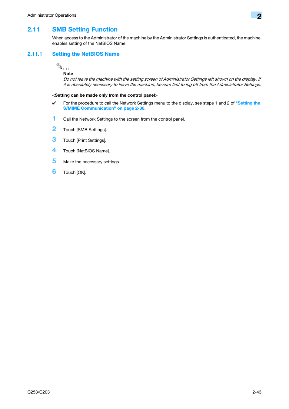 11 smb setting function, 1 setting the netbios name, Setting can be made only from the control panel | Smb setting function -43 | Konica Minolta BIZHUB C253 User Manual | Page 54 / 65
