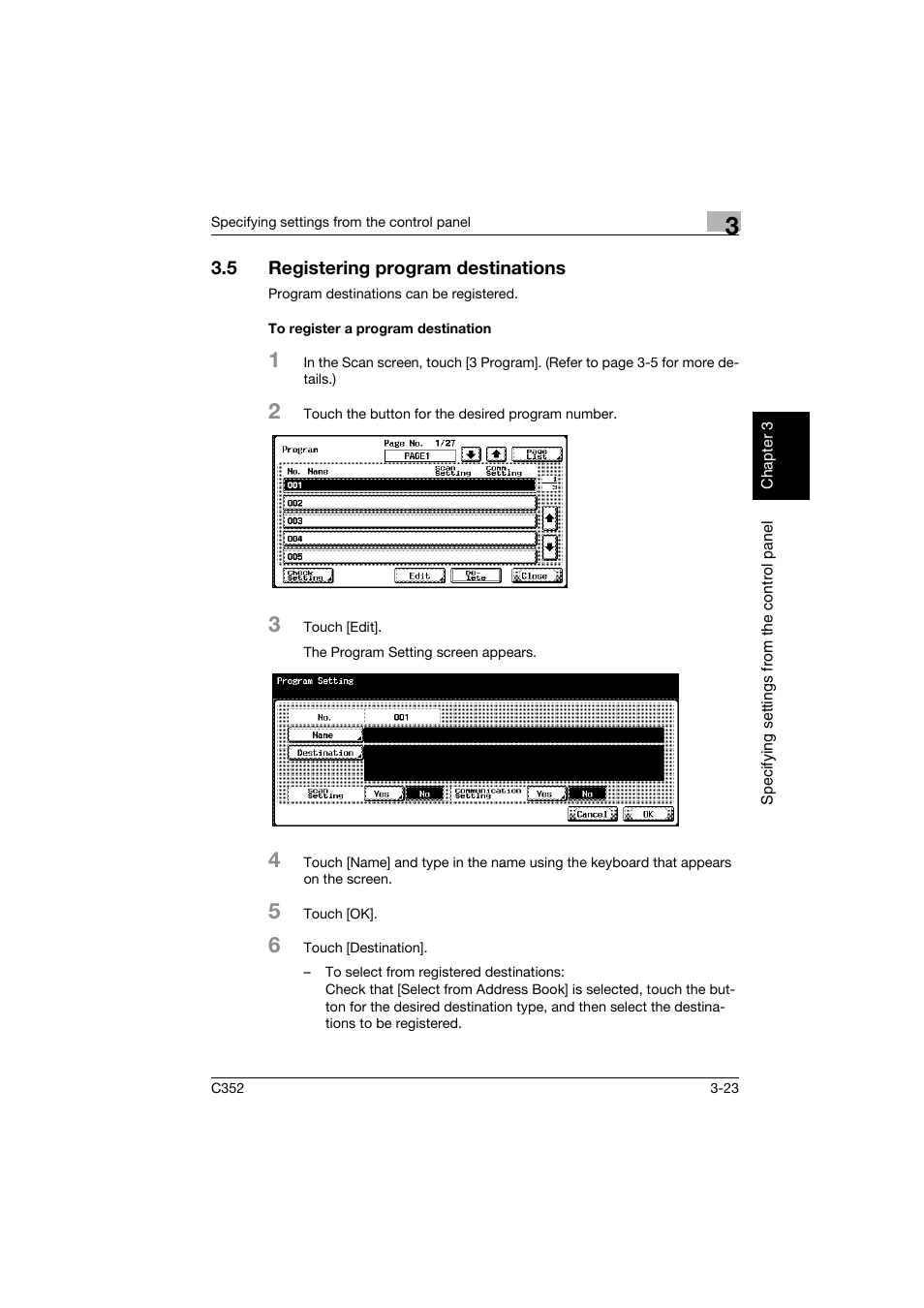 5 registering program destinations, To register a program destination, Registering program destinations -23 | To register a program destination -23 | Konica Minolta bizhub C352 User Manual | Page 134 / 392