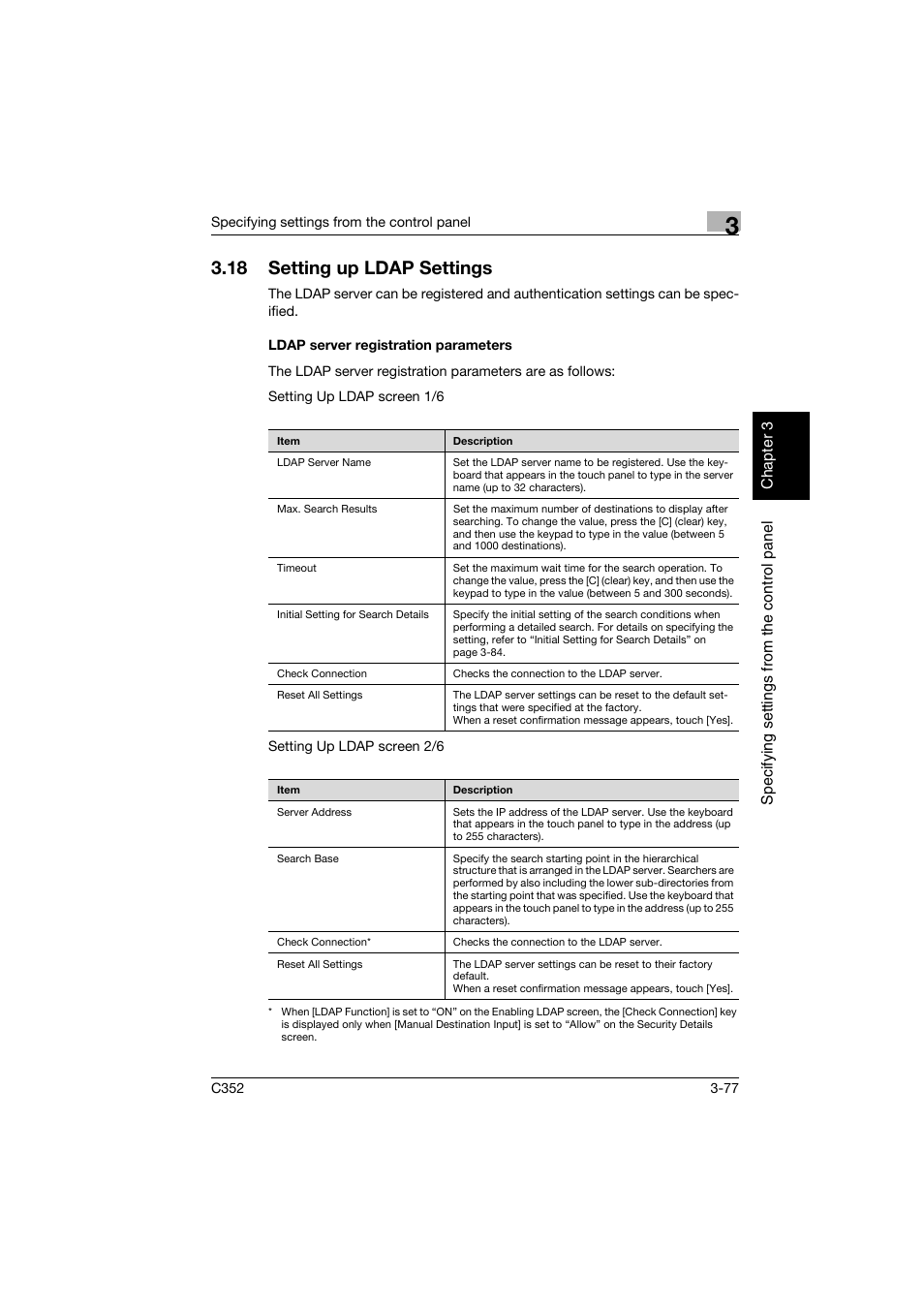 18 setting up ldap settings, Ldap server registration parameters, Setting up ldap settings -77 | Ldap server registration parameters -77 | Konica Minolta bizhub C352 User Manual | Page 188 / 392