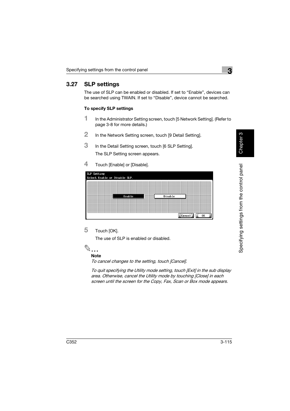 27 slp settings, To specify slp settings, Slp settings -115 | To specify slp settings -115 | Konica Minolta bizhub C352 User Manual | Page 226 / 392