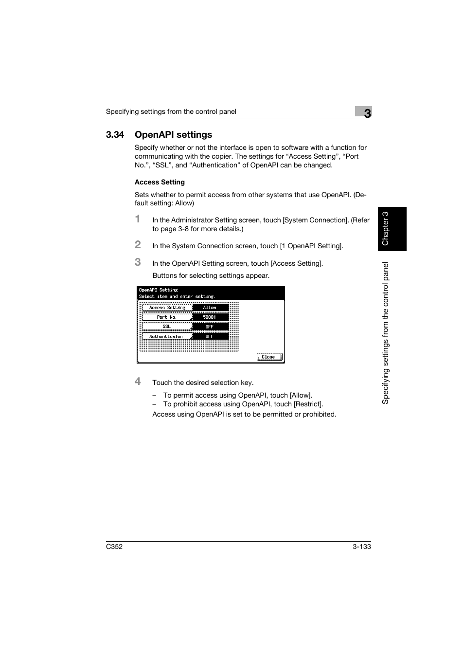 34 openapi settings, Access setting, Openapi settings -133 | Access setting -133 | Konica Minolta bizhub C352 User Manual | Page 244 / 392