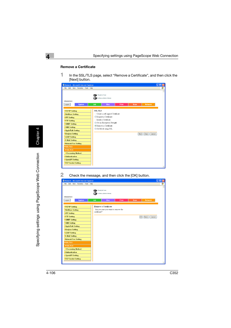 Remove a certificate, Remove a certificate -106 | Konica Minolta bizhub C352 User Manual | Page 363 / 392