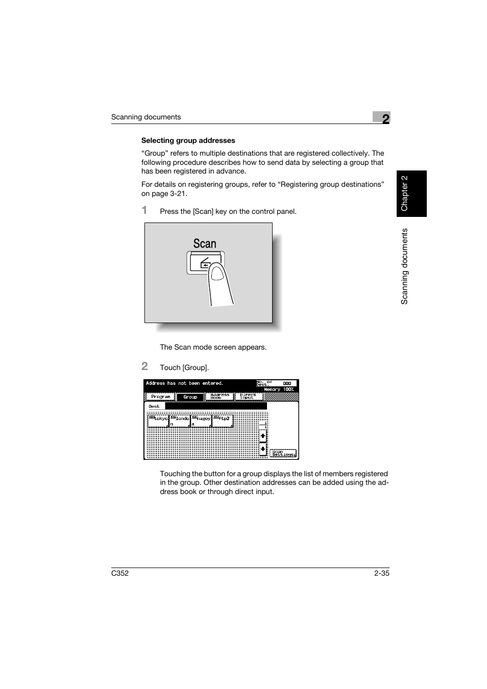 Selecting group addresses, Selecting group addresses -35, Scan | Konica Minolta bizhub C352 User Manual | Page 68 / 392