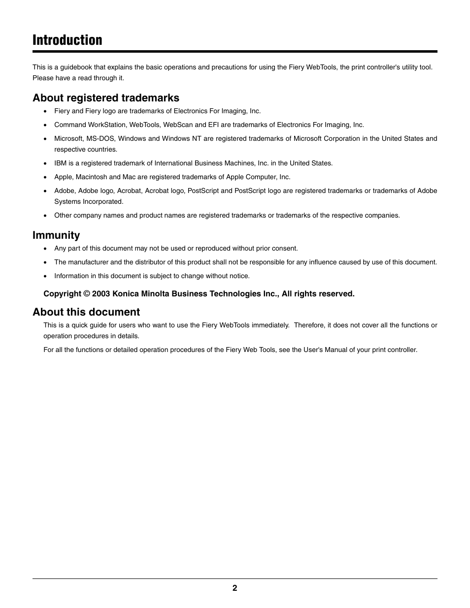 Introduction, About registered trademarks, Immunity | About this document | Konica Minolta bizhub PRO C500 User Manual | Page 2 / 16