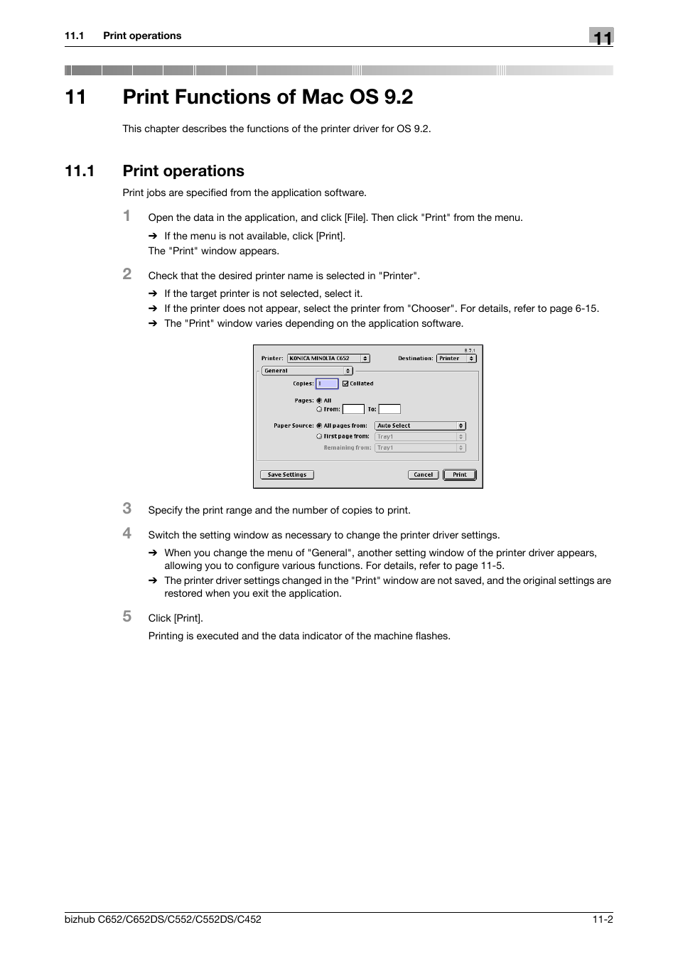 11 print functions of mac os 9.2, 1 print operations, Print functions of mac os 9.2 | Print operations -2 | Konica Minolta BIZHUB C652DS User Manual | Page 143 / 312
