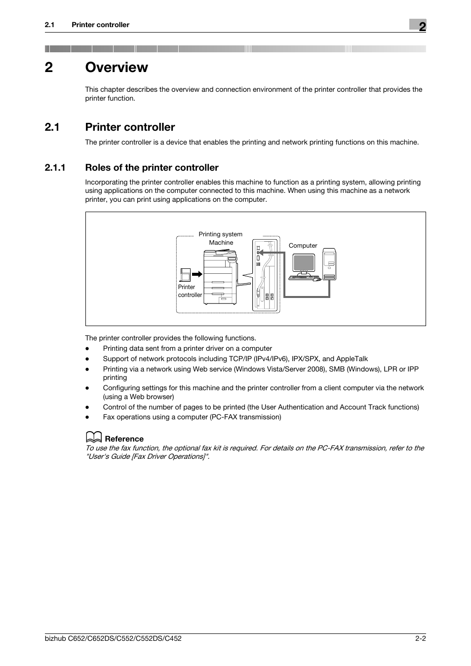 2 overview, 1 printer controller, 1 roles of the printer controller | Overview, Printer controller -2, Roles of the printer controller -2, 2overview | Konica Minolta BIZHUB C652DS User Manual | Page 16 / 312