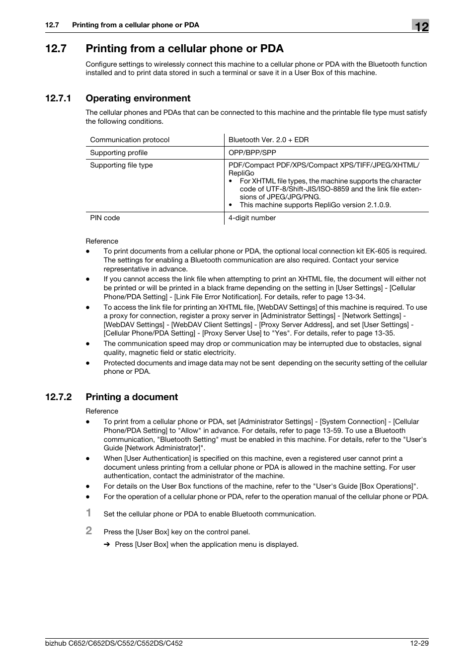 7 printing from a cellular phone or pda, 1 operating environment, 2 printing a document | Printing from a cellular phone or pda -29, Operating environment -29, Printing a document -29 | Konica Minolta BIZHUB C652DS User Manual | Page 178 / 312
