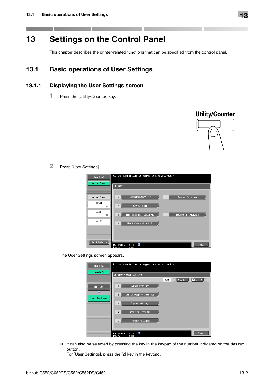 13 settings on the control panel, 1 basic operations of user settings, 1 displaying the user settings screen | Settings on the control panel, Basic operations of user settings -2, Displaying the user settings screen -2 | Konica Minolta BIZHUB C652DS User Manual | Page 196 / 312