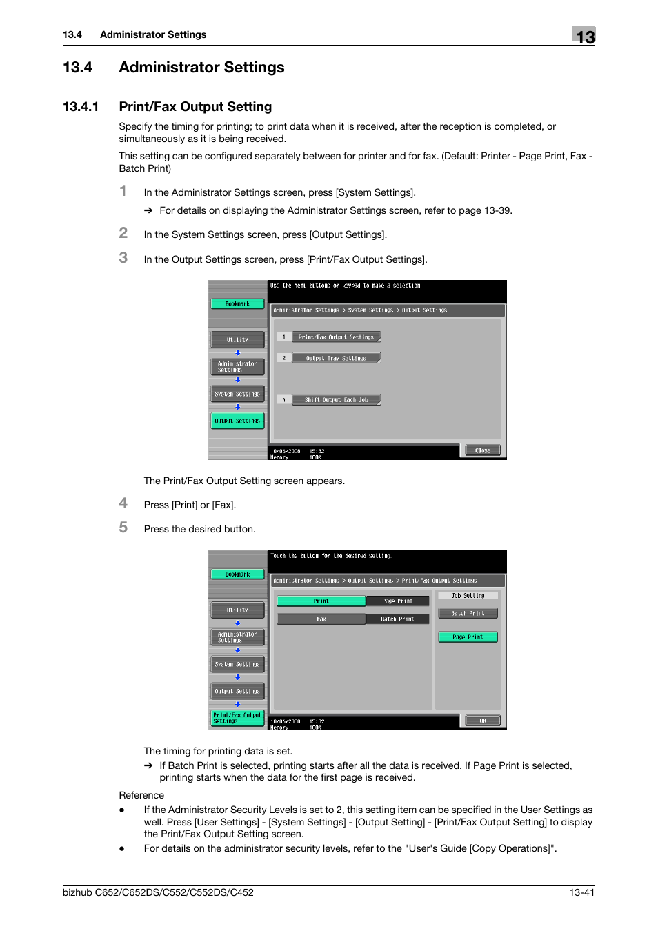 4 administrator settings, 1 print/fax output setting, Administrator settings -41 | Print/fax output setting -41 | Konica Minolta BIZHUB C652DS User Manual | Page 235 / 312