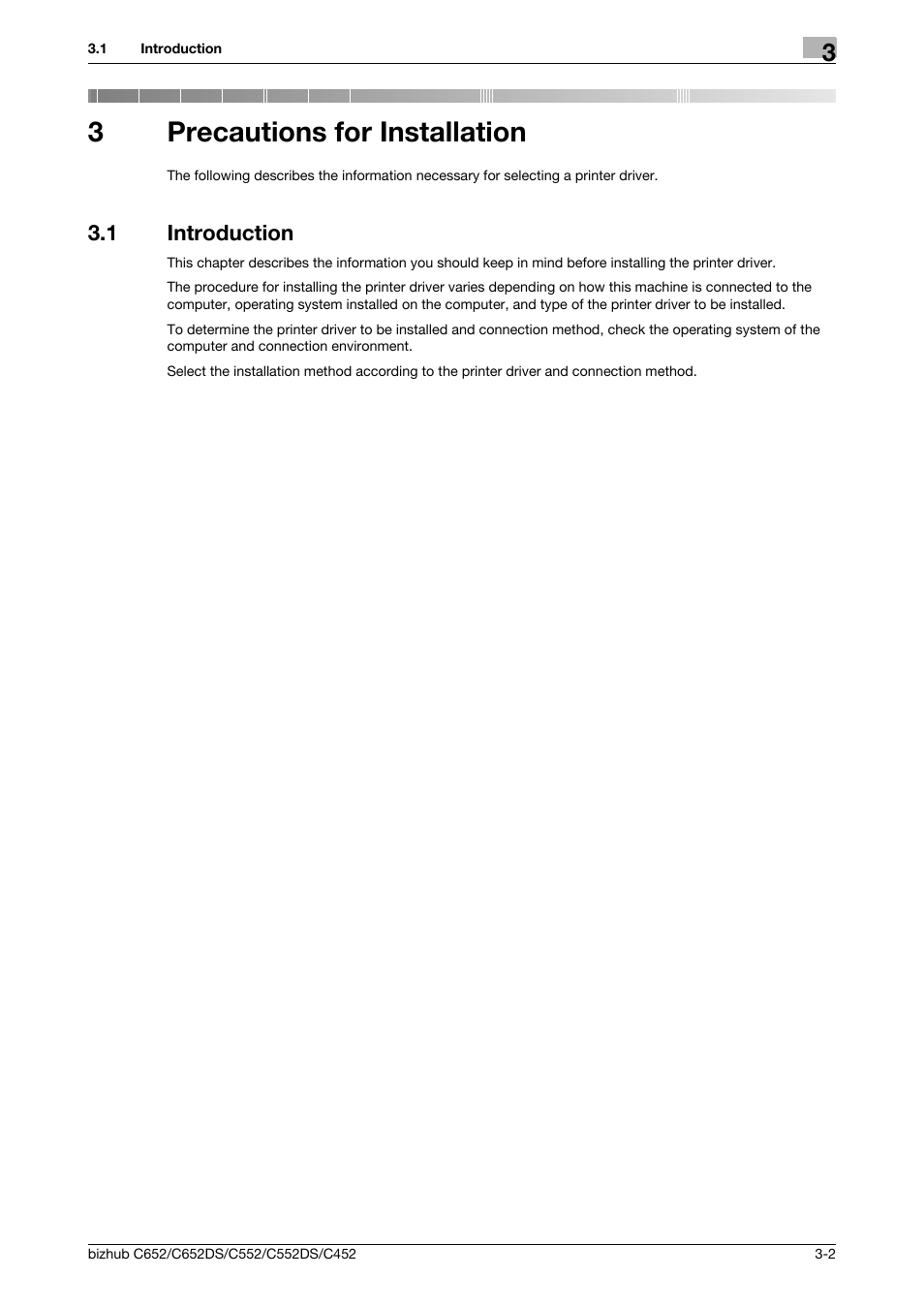 3 precautions for installation, 1 introduction, Precautions for installation | Introduction -2, 3precautions for installation | Konica Minolta BIZHUB C652DS User Manual | Page 26 / 312