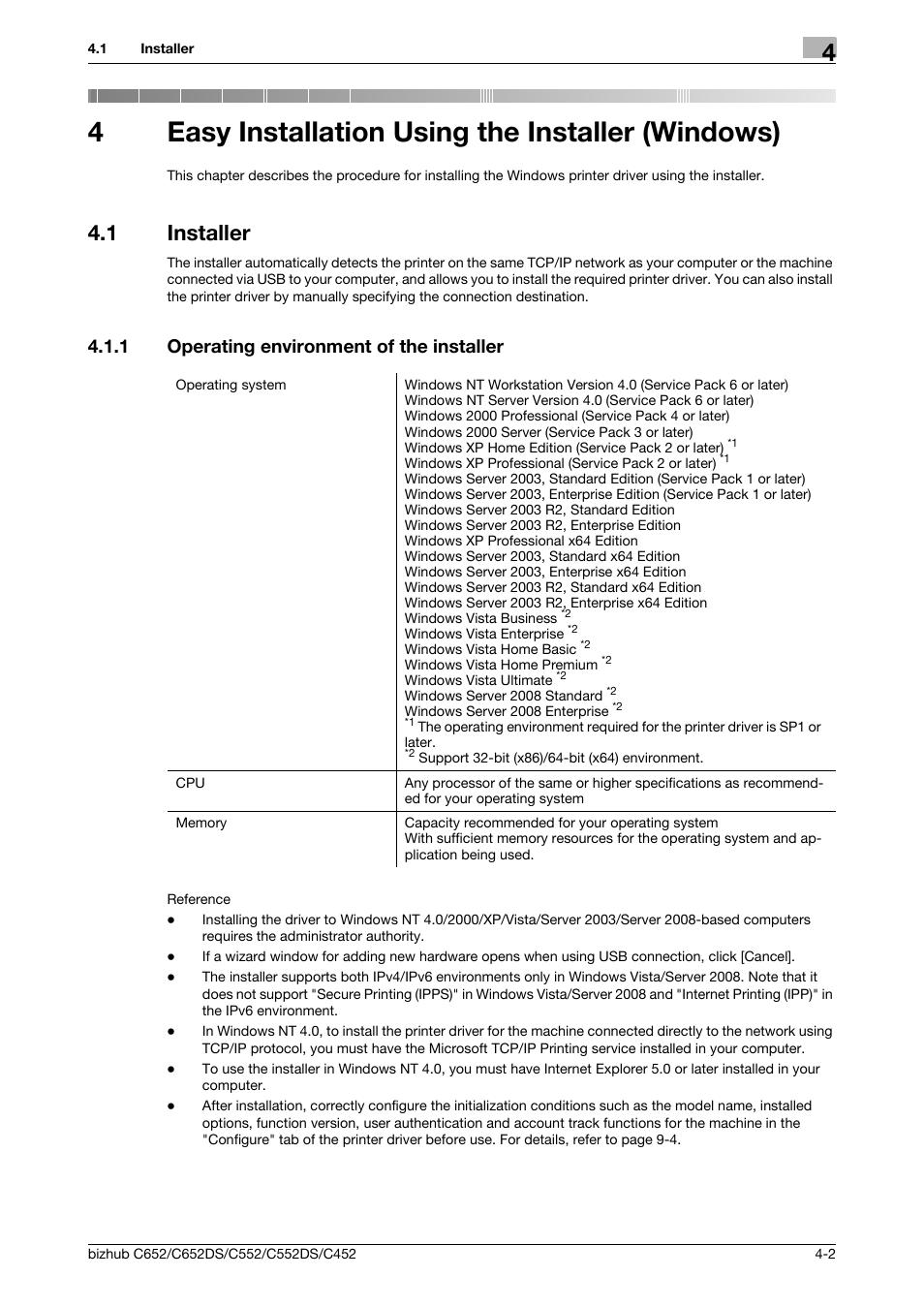 4 easy installation using the installer (windows), 1 installer, 1 operating environment of the installer | Easy installation using the installer (windows), Installer -2, Operating environment of the installer -2, P. 4-2, 4easy installation using the installer (windows) | Konica Minolta BIZHUB C652DS User Manual | Page 34 / 312