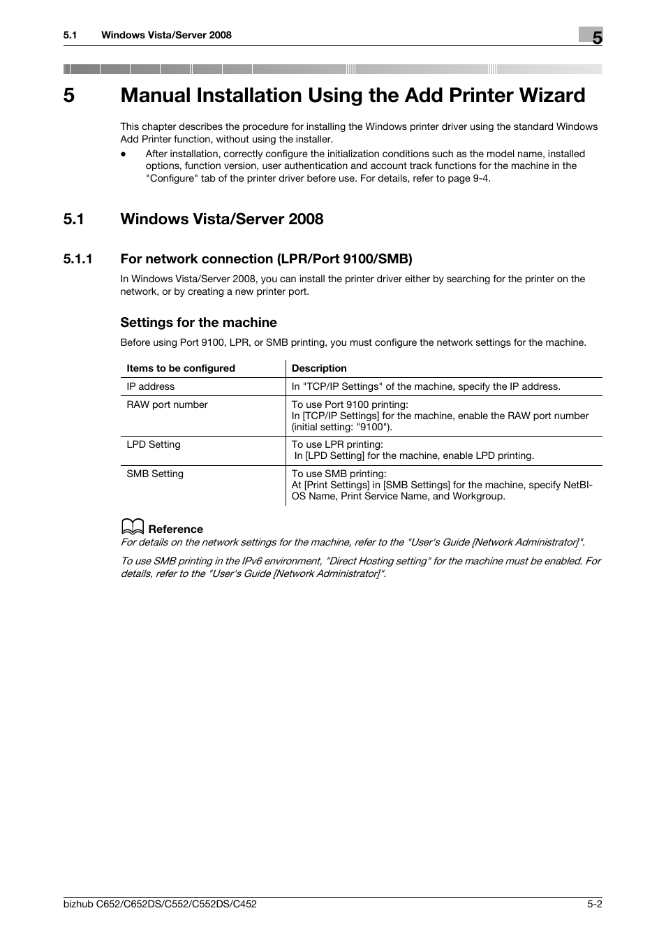 5 manual installation using the add printer wizard, 1 windows vista/server 2008, 1 for network connection (lpr/port 9100/smb) | Settings for the machine, Manual installation using the add printer wizard, Windows vista/server 2008 -2, 5manual installation using the add printer wizard | Konica Minolta BIZHUB C652DS User Manual | Page 40 / 312