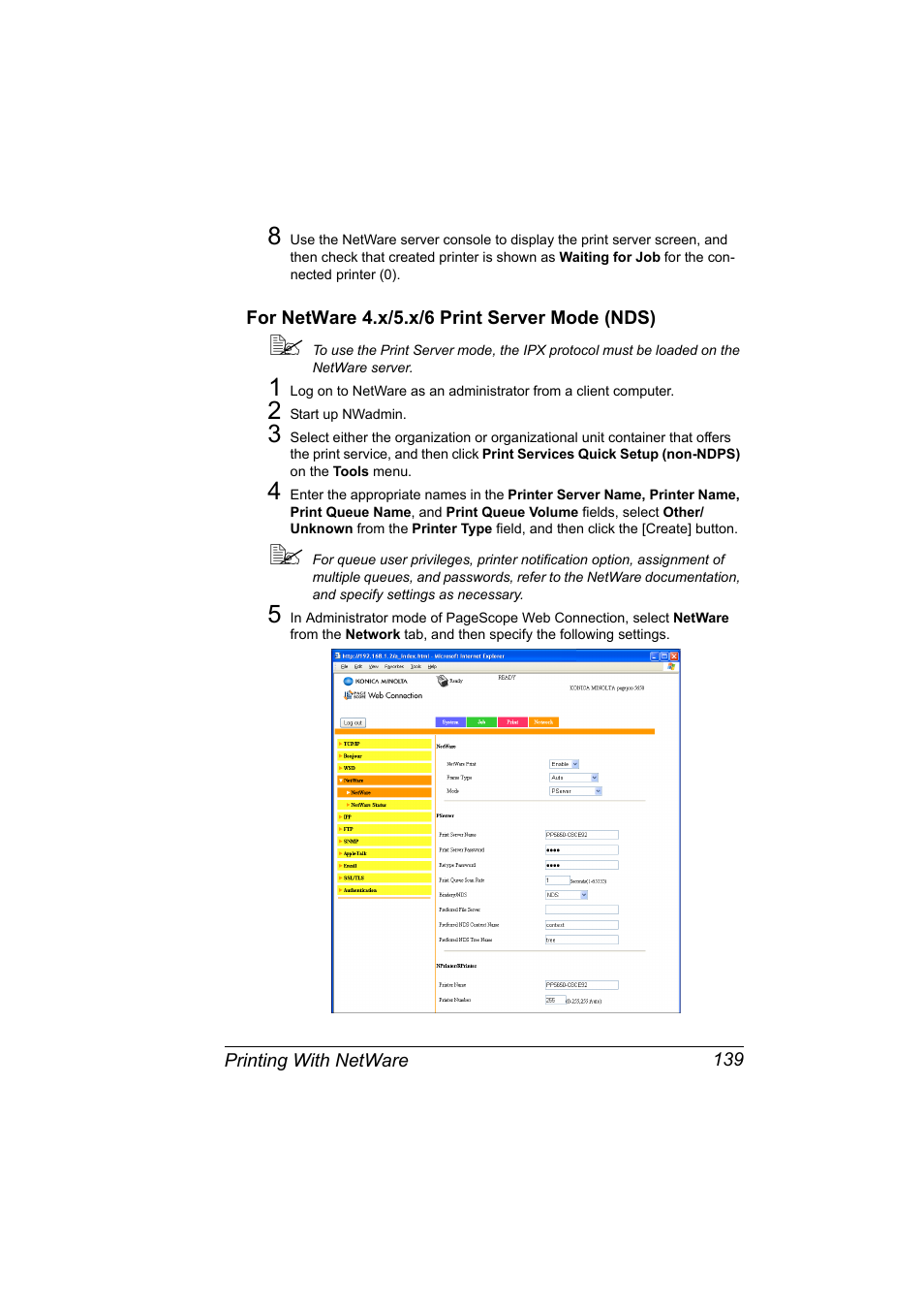 For netware 4.x/5.x/6 print server mode (nds), For netware 4.x/5.x/6 print server mode (nds) 139 | Konica Minolta pagepro 5650 User Manual | Page 157 / 394