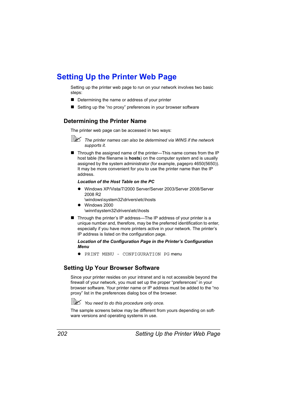 Determining the printer name, Setting up your browser software, Setting up the printer web page | Konica Minolta pagepro 5650 User Manual | Page 220 / 394