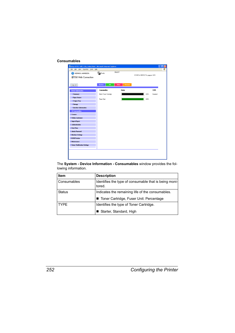 Configuring the printer 252 | Konica Minolta pagepro 5650 User Manual | Page 270 / 394
