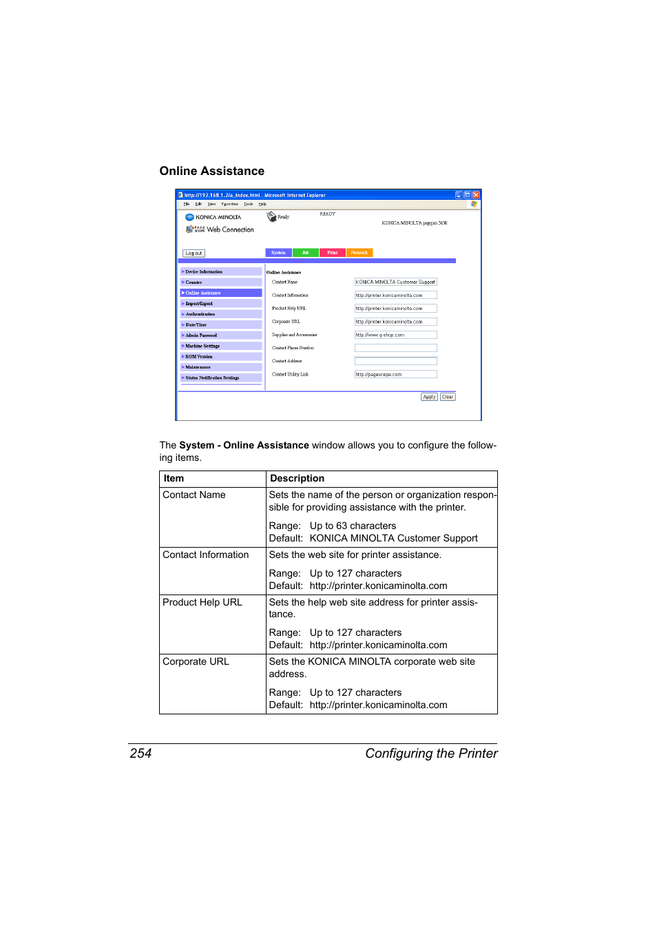 Online assistance, Online assistance 254, Configuring the printer 254 | Konica Minolta pagepro 5650 User Manual | Page 272 / 394