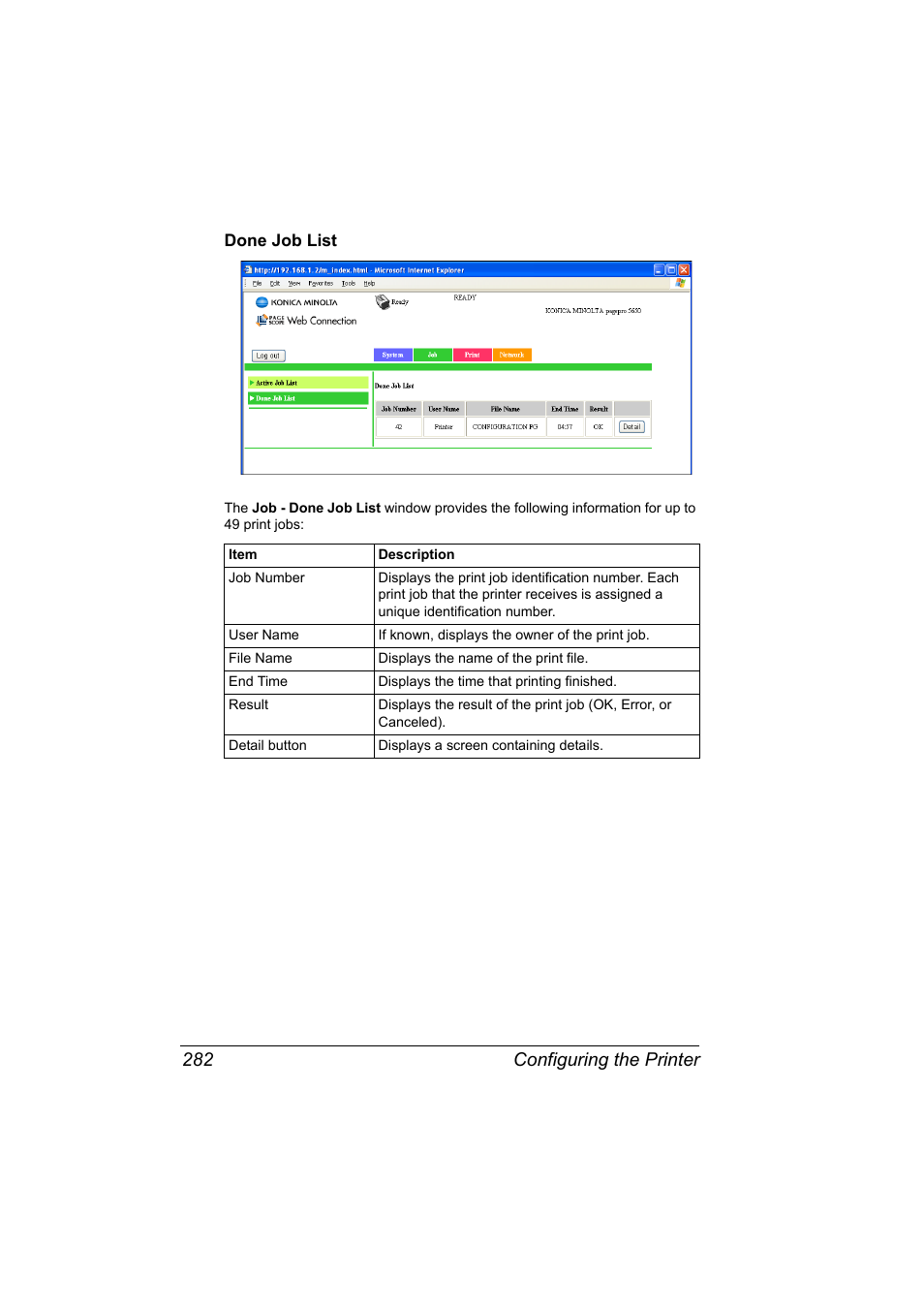 Done job list, Done job list 282, Configuring the printer 282 | Konica Minolta pagepro 5650 User Manual | Page 300 / 394