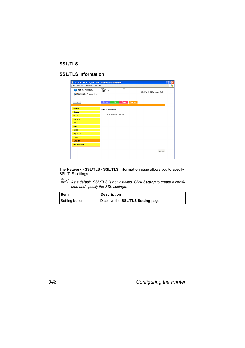 Ssl/tls, Ssl/tls information, Ssl/tls 348 ssl/tls information 348 | Konica Minolta pagepro 5650 User Manual | Page 366 / 394