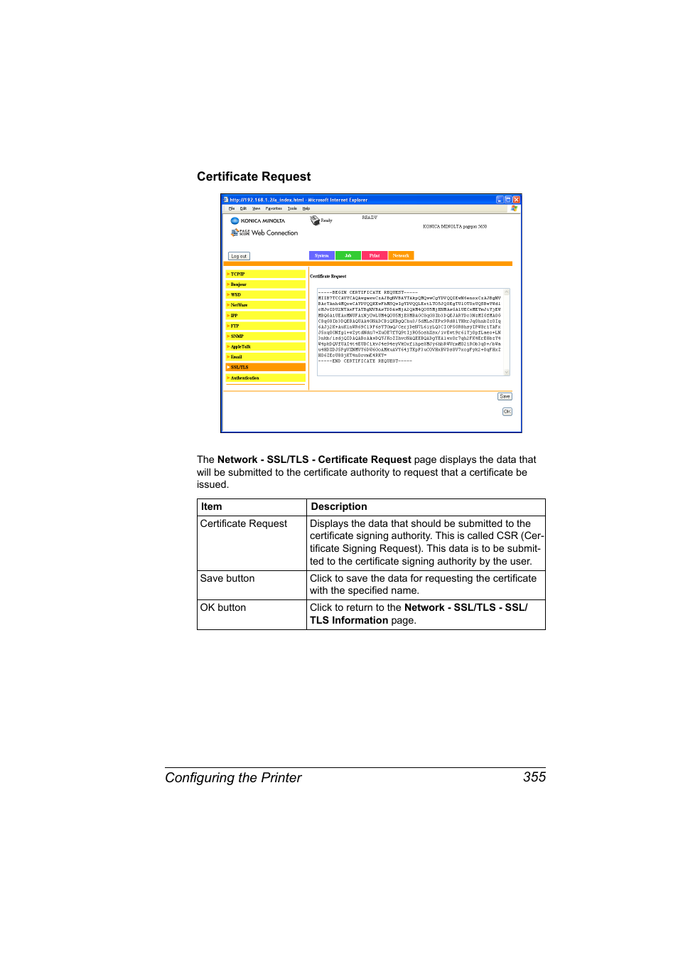 Certificate request, Certificate request 355, Configuring the printer 355 | Konica Minolta pagepro 5650 User Manual | Page 373 / 394