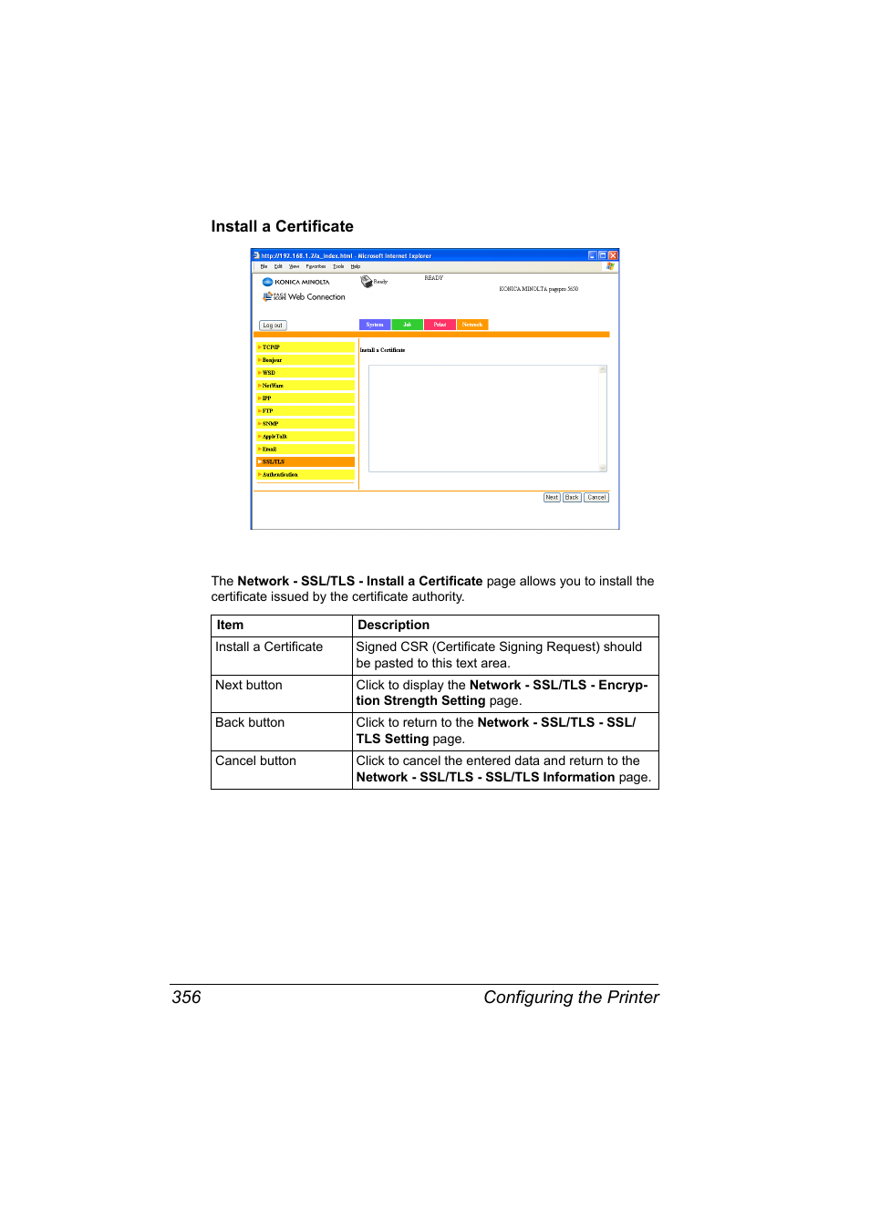 Install a certificate, Install a certificate 356, Configuring the printer 356 | Konica Minolta pagepro 5650 User Manual | Page 374 / 394