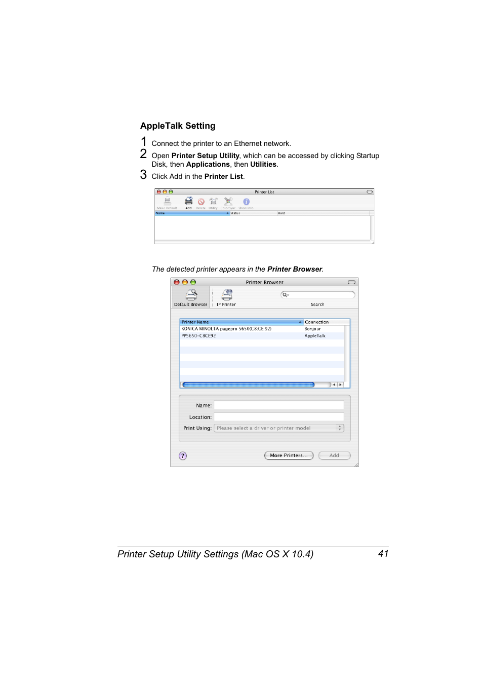 Appletalk setting, Appletalk setting 41 | Konica Minolta pagepro 5650 User Manual | Page 59 / 394