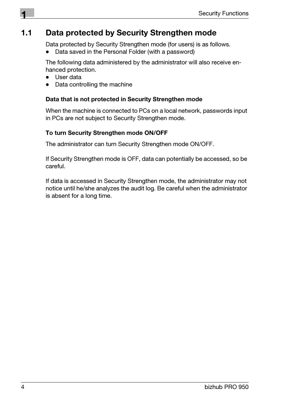 1 data protected by security strengthen mode, Data protected by security strengthen mode | Konica Minolta bizhub PRO 950 User Manual | Page 12 / 82