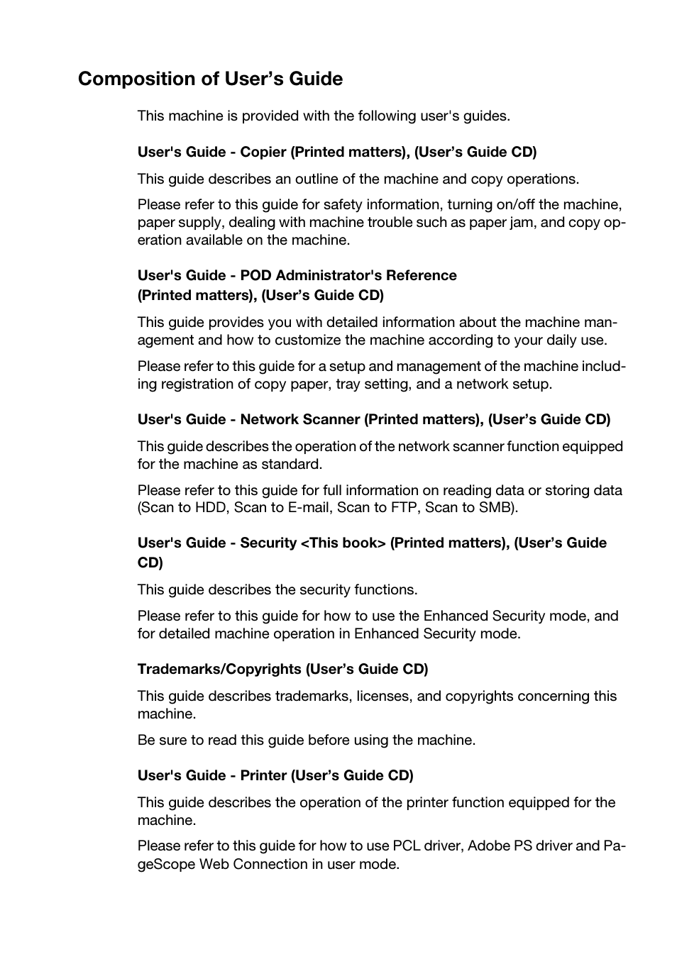 Composition of user’s guide | Konica Minolta bizhub PRO 950 User Manual | Page 5 / 82