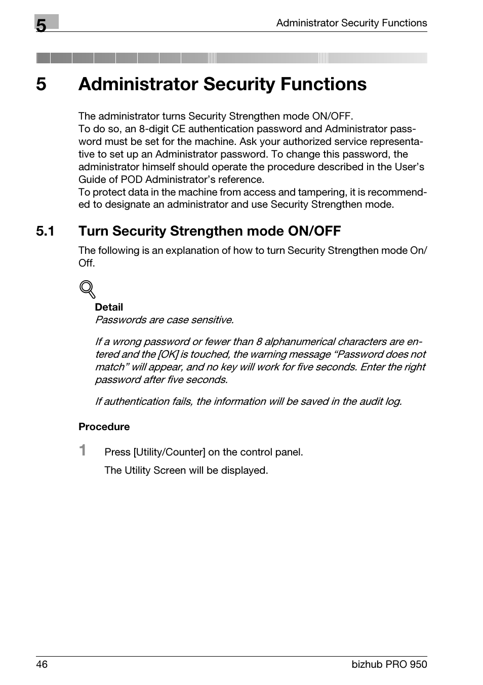 5 administrator security functions, 1 turn security strengthen mode on/off, Administrator security functions | Turn security strengthen mode on/off, 5administrator security functions | Konica Minolta bizhub PRO 950 User Manual | Page 54 / 82