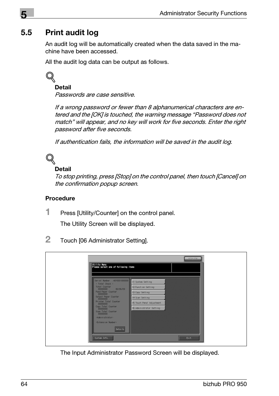 5 print audit log, Print audit log | Konica Minolta bizhub PRO 950 User Manual | Page 72 / 82