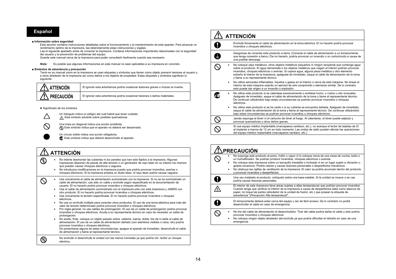 Attención, Precaución, 14 español | Konica Minolta bizhub 4050 User Manual | Page 15 / 67