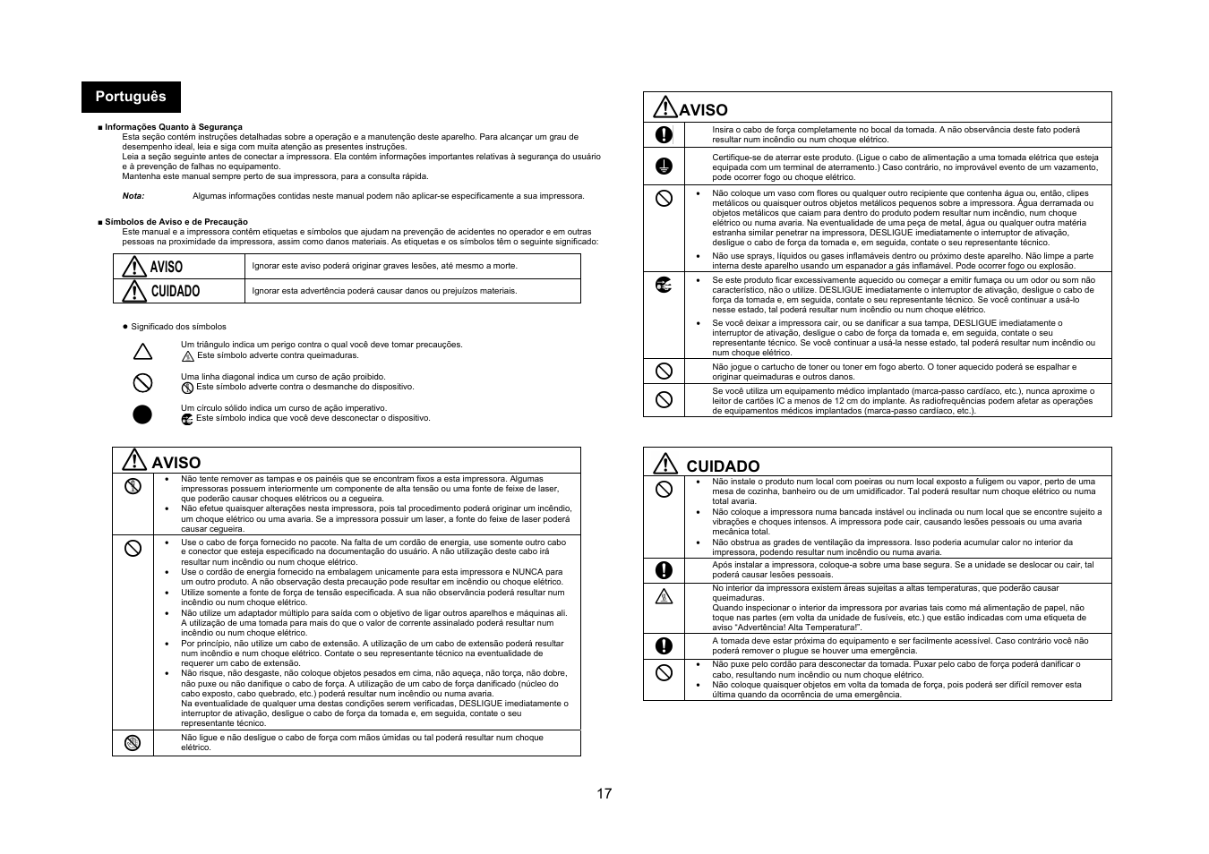 Aviso, Cuidado, 17 português | Konica Minolta bizhub 4050 User Manual | Page 18 / 67