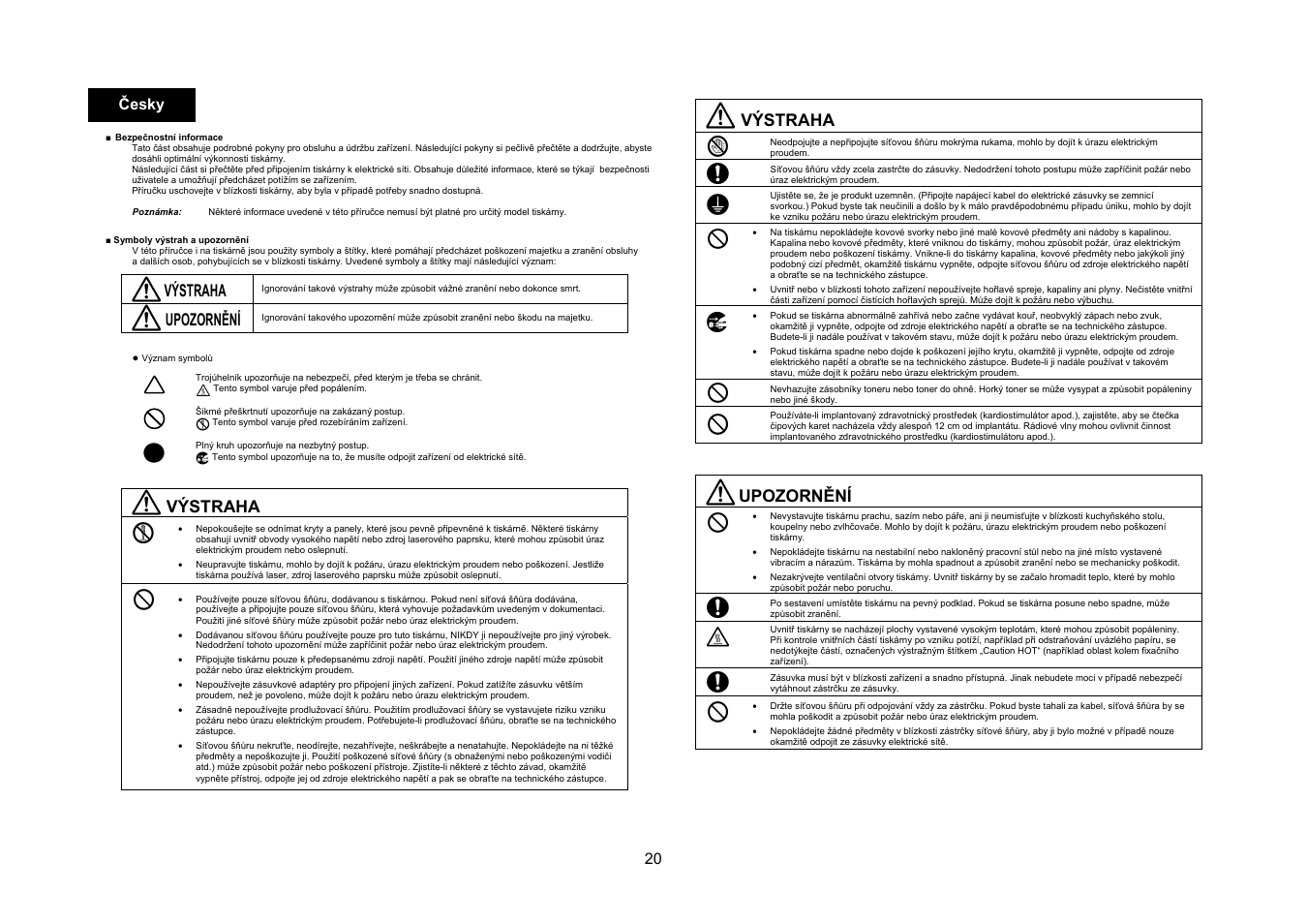 Výstraha, Upozornění, 20 česky | Konica Minolta bizhub 4050 User Manual | Page 21 / 67