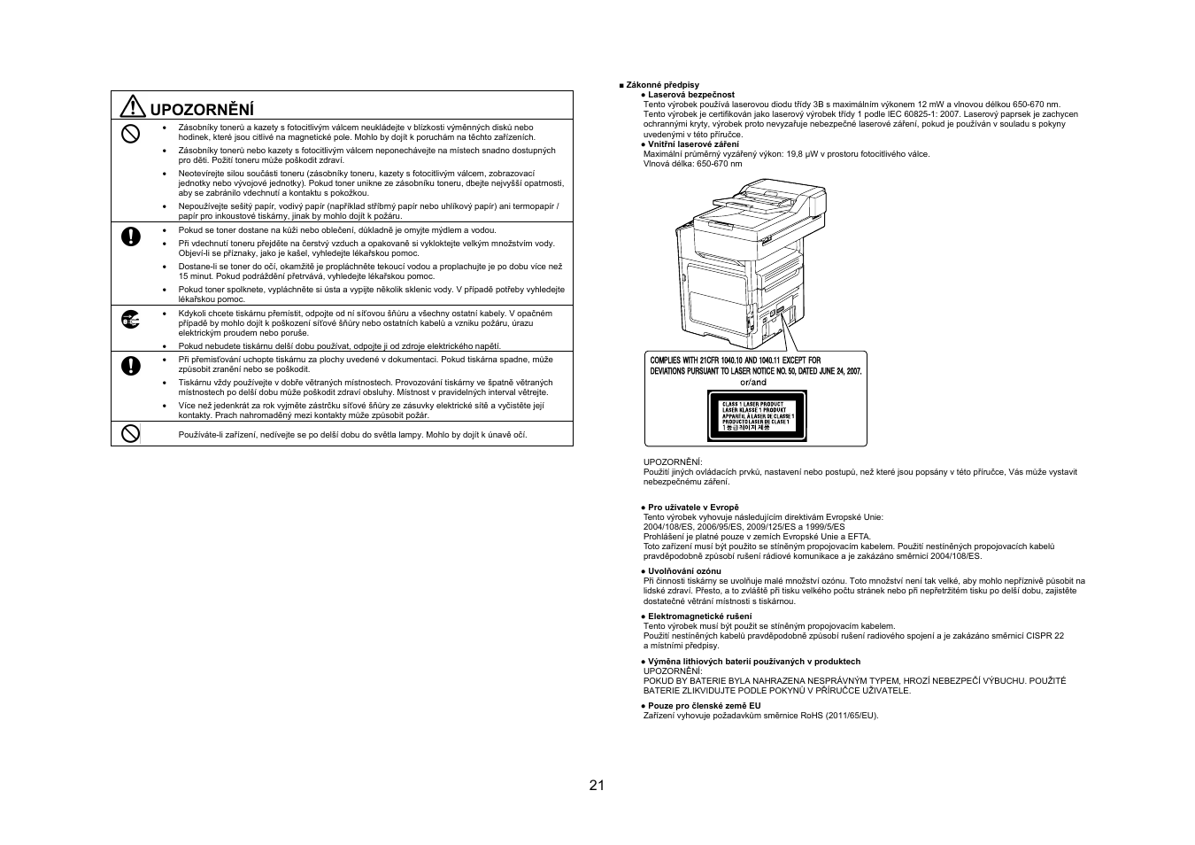 Upozornění | Konica Minolta bizhub 4050 User Manual | Page 22 / 67
