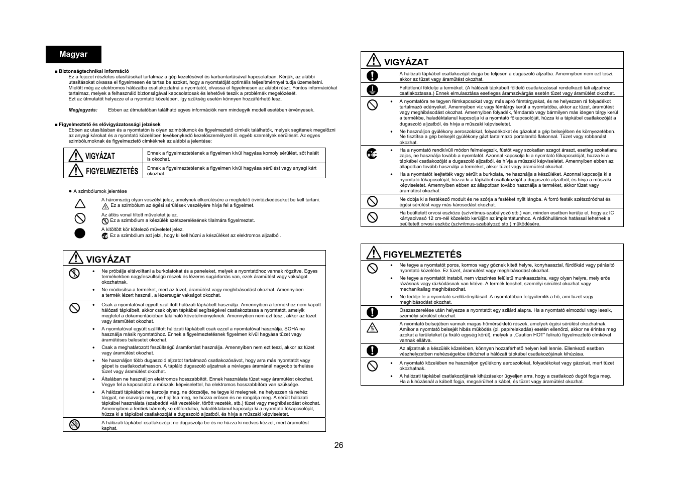 Vigyázat, Figyelmeztetés, 26 magyar | Konica Minolta bizhub 4050 User Manual | Page 27 / 67