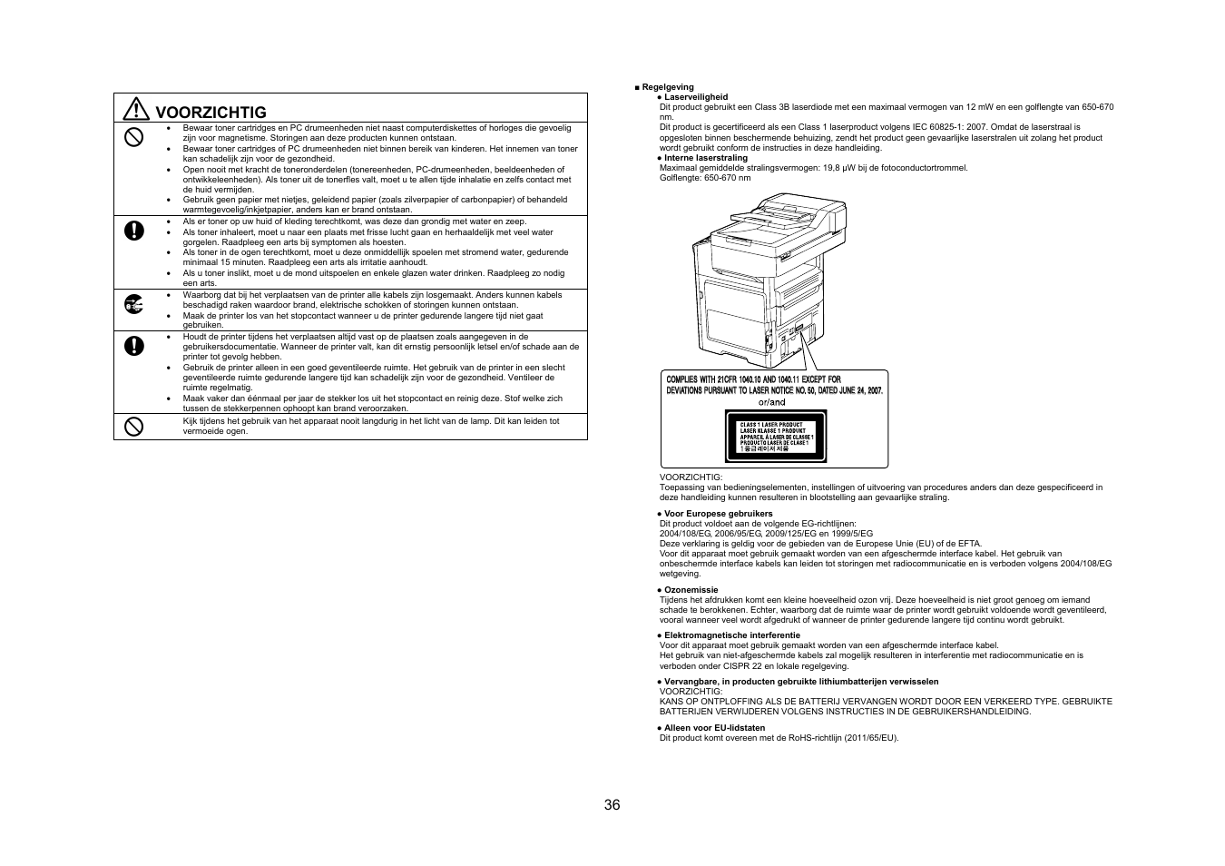 Voorzichtig | Konica Minolta bizhub 4050 User Manual | Page 37 / 67